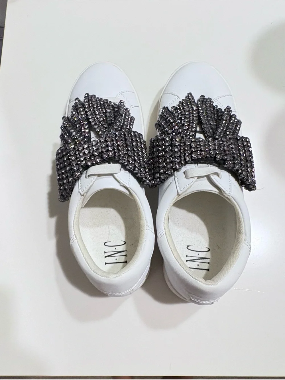 INC White Leather Sneakers with Crystal Bow Accents